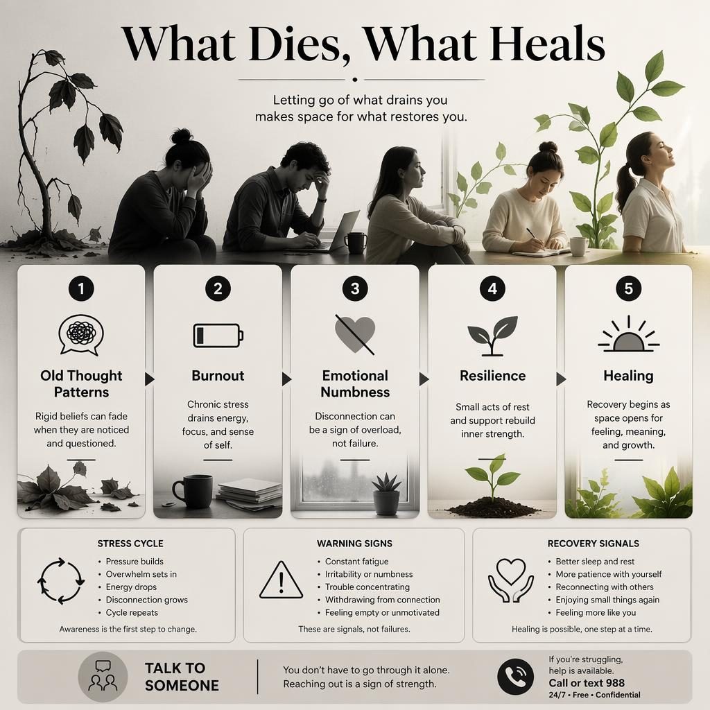 Monochrome editorial infographic with 5 numbered cards, anonymous adults, icons, and leaves changing from wilted to healthy.