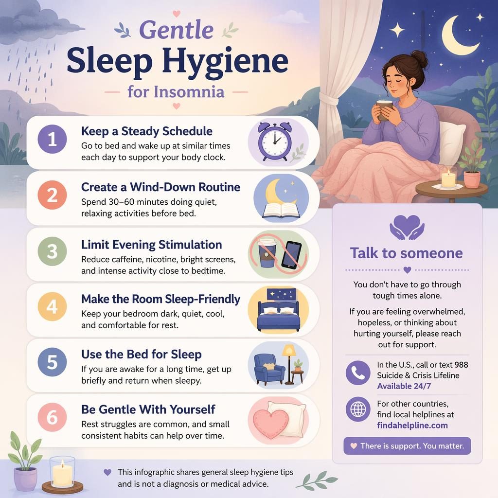 Pastel editorial infographic with 6 vertical sleep hygiene cards, bedtime icons, supportive figure, and talk to someone callout.
