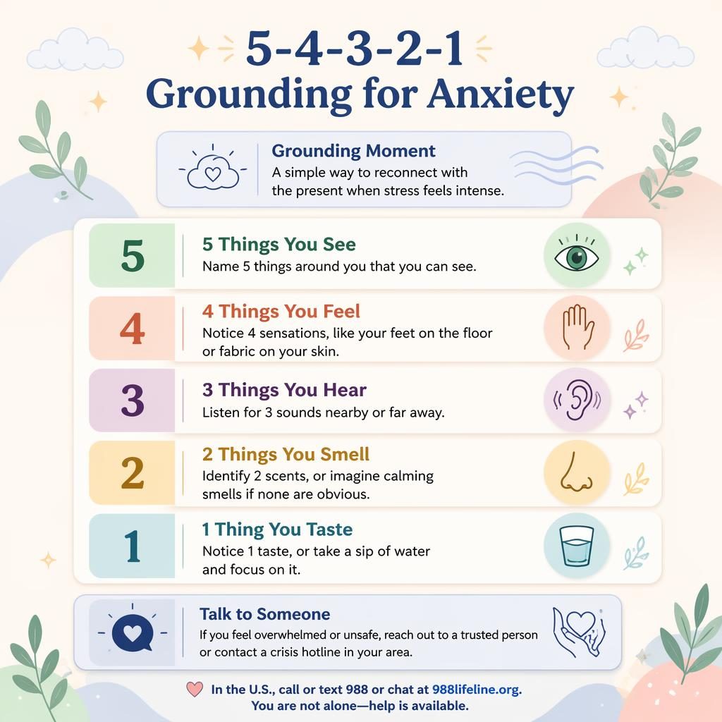 Pastel editorial infographic with 5 rounded cards for the 5-4-3-2-1 grounding method, icons, intro box, and help callout.