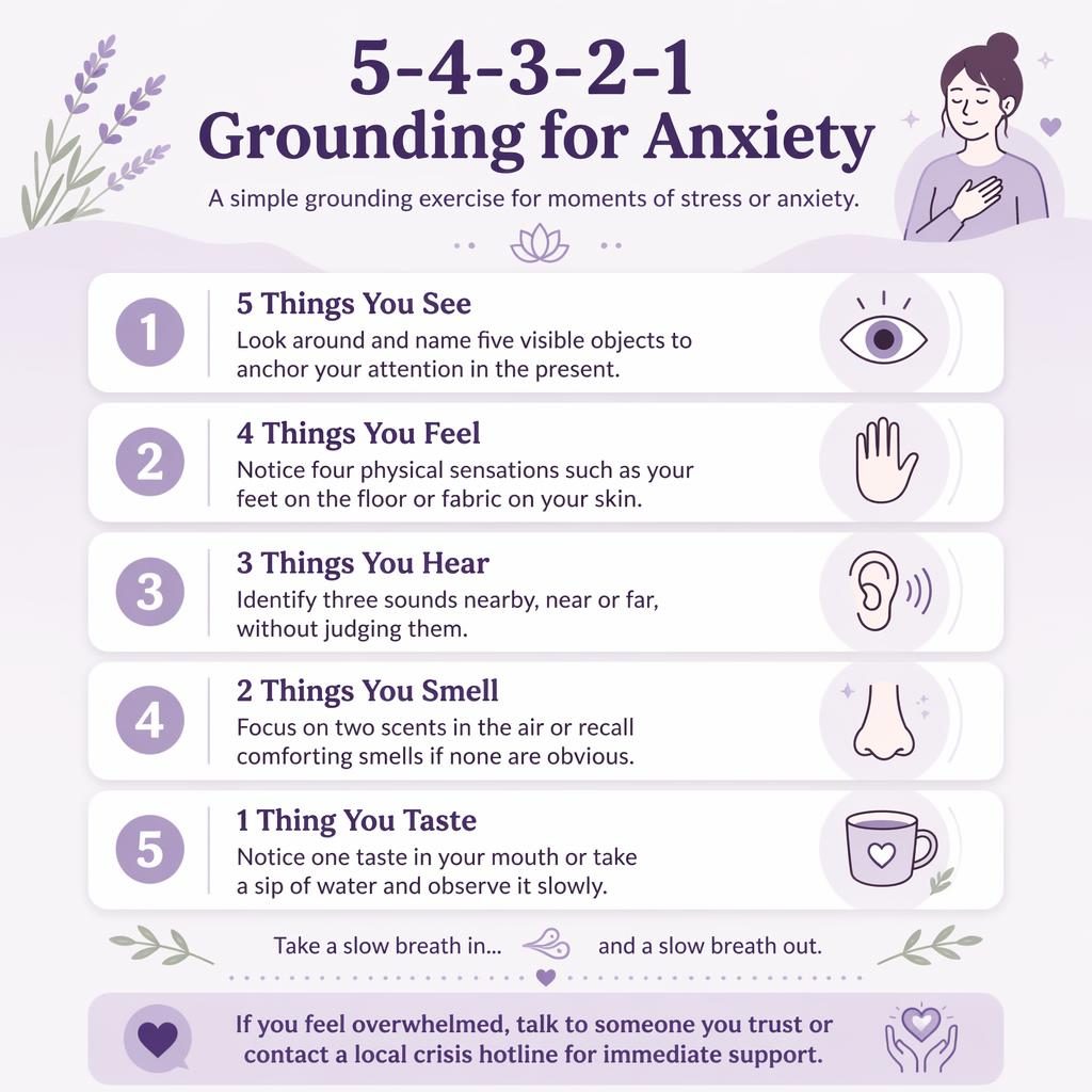 Lavender infographic with 5 numbered grounding cards, simple icons, calm breathing cues, and a crisis support footer.