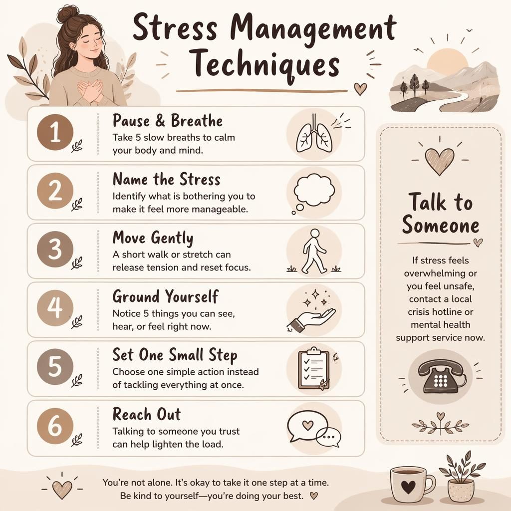 Vertical mental health infographic with 6 stress management cards, icons, and a Talk to Someone support sidebar.