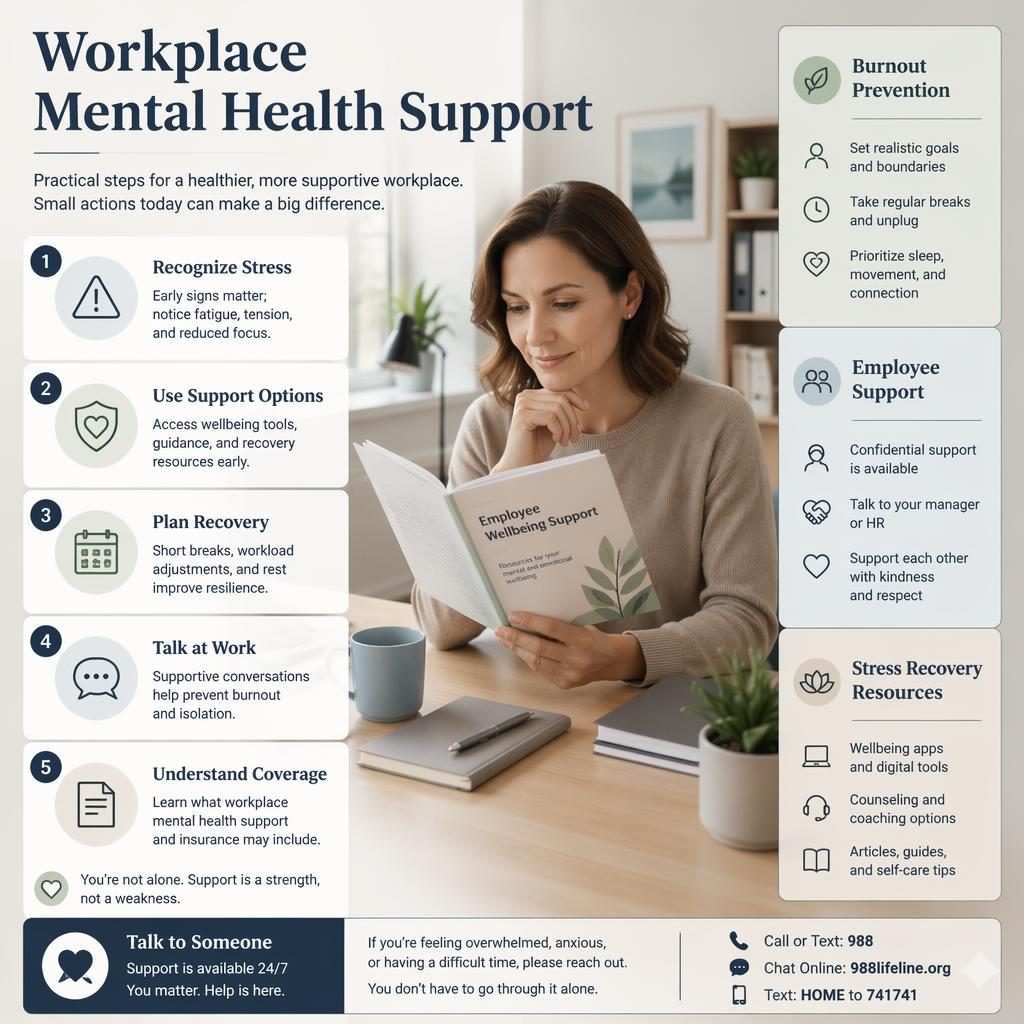Infografik med 5 steg om psykisk hälsa på jobbet i skandinaviskt kontor, lugn yrkesperson, sidopaneler och stödinfo.