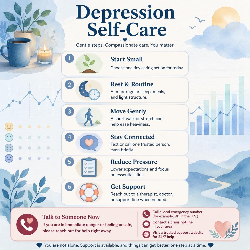 Vertical depression self-care infographic with 6 numbered cards, soft blue icons, crisis support callout, and abstract mood-chart background.