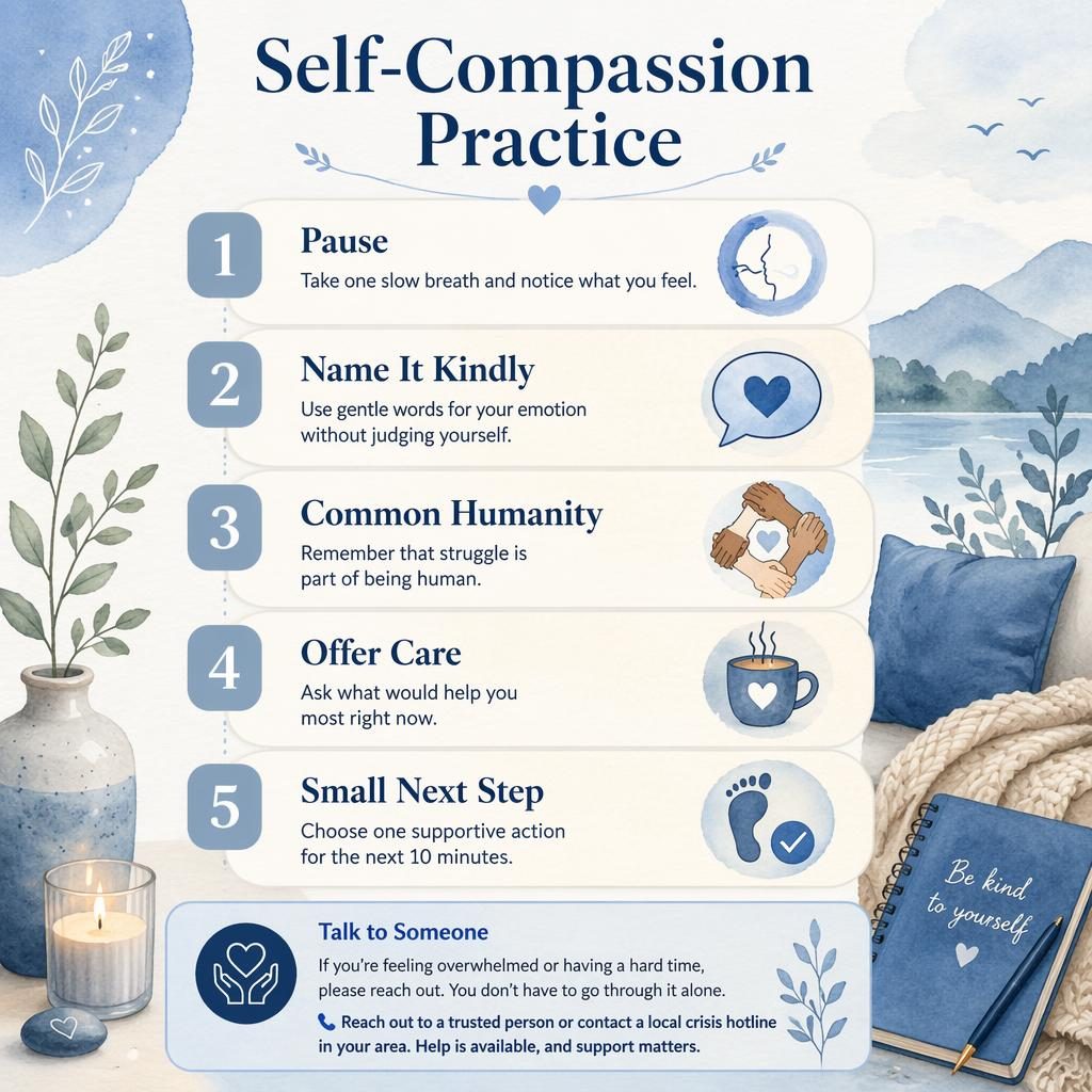 Dusty blue editorial infographic with 5 numbered self-compassion cards, simple icons, watercolor textures, and a crisis help callout box.