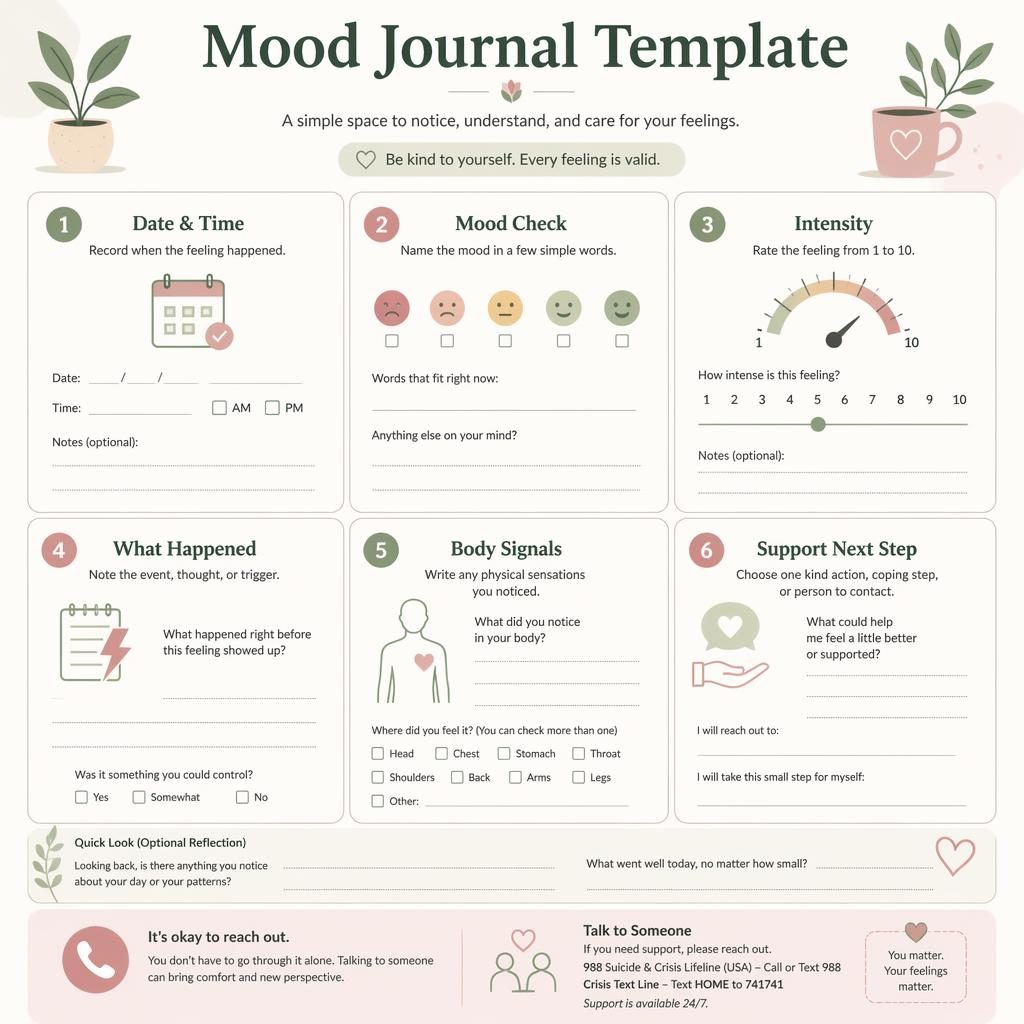 Editorial infographic with 6 numbered mood journal cards, gentle icons, sage and rose palette, and crisis support footer.