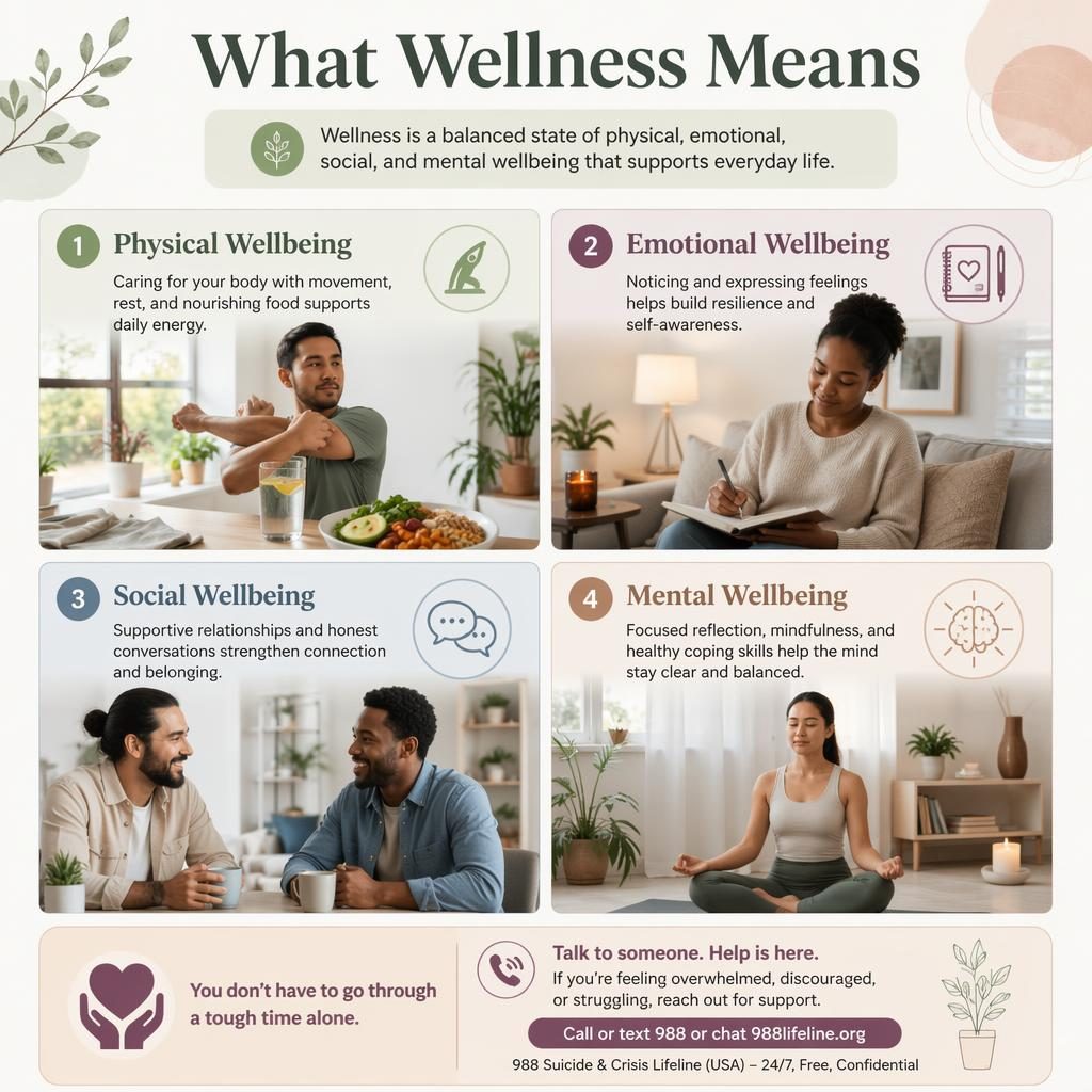 Editorial infographic with 4 cards on physical, emotional, social, and mental wellbeing, diverse adults, pastel layout.