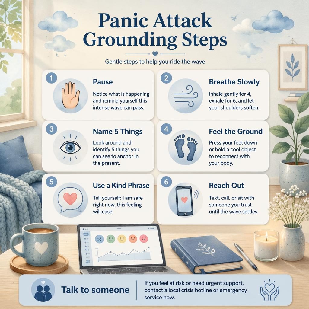 Dusty blue infographic with 6 grounding step cards, soft icons, cozy watercolor decor, and a crisis support callout.