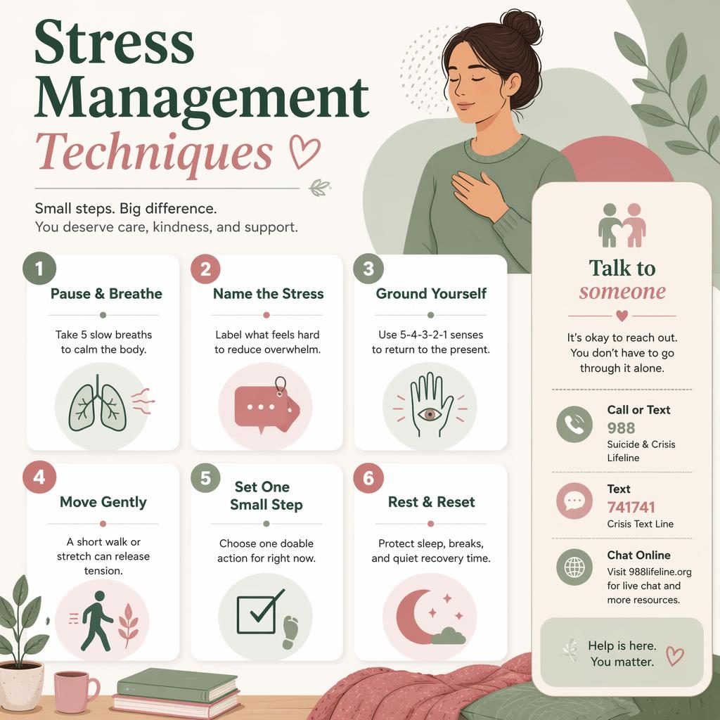 Editorial vector infographic with 6 numbered stress management cards, soft sage and rose palette, icons, and a gentle talk to someone sidebar.