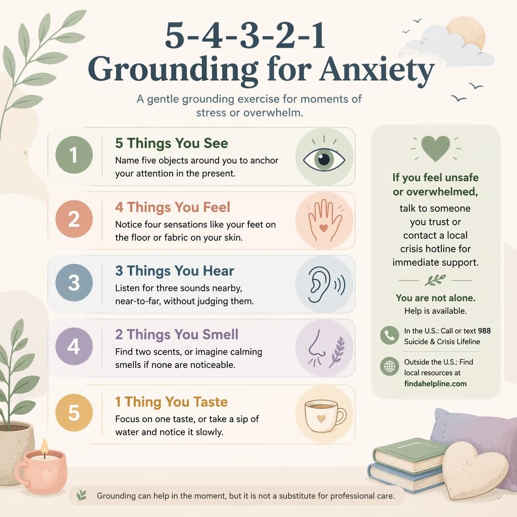 Pastel mental health infographic with five numbered grounding cards, calming icons, support callout, and footer note.