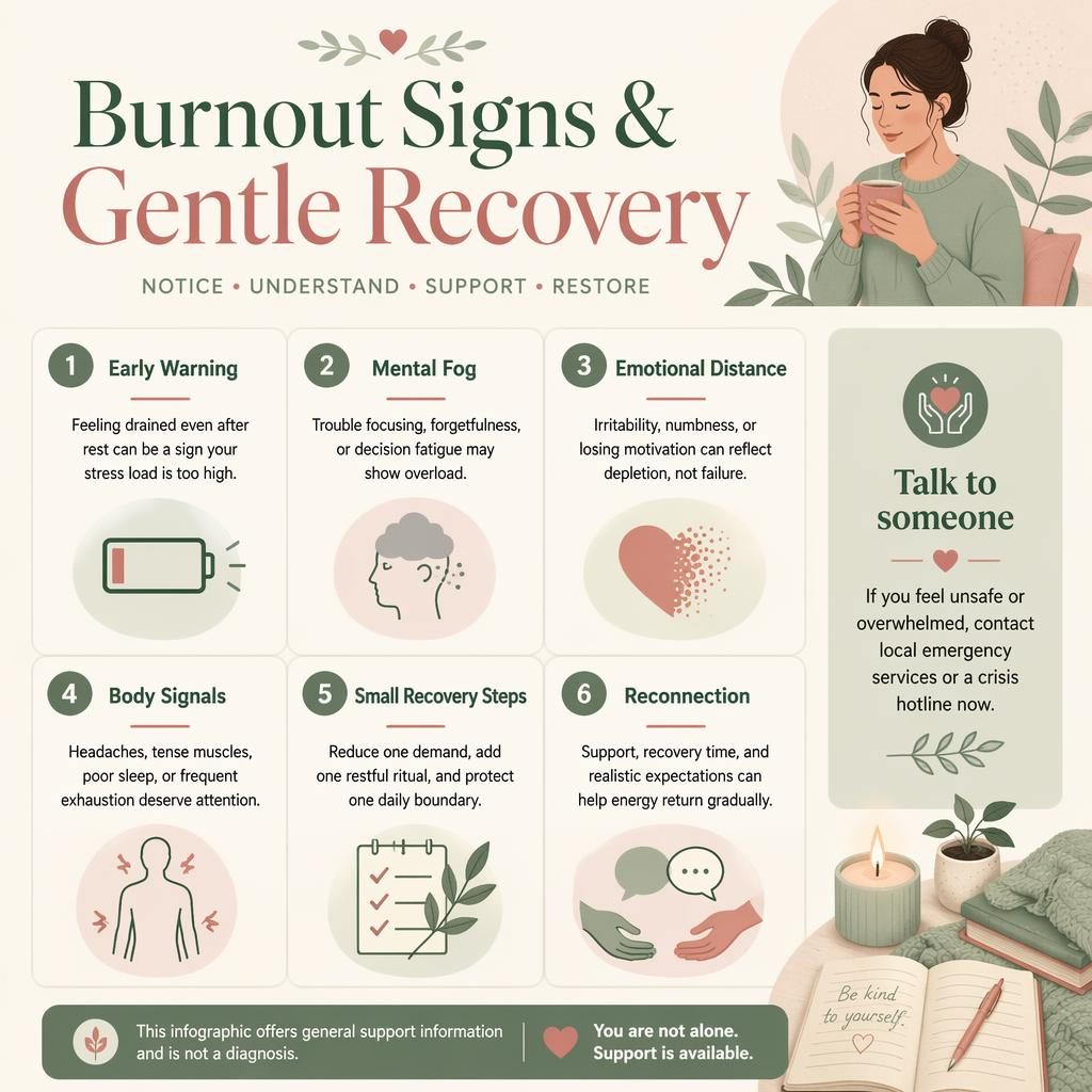 Editorial vector infographic with 6 numbered burnout and recovery cards, sage and rose palette, icons, sidebar support note.