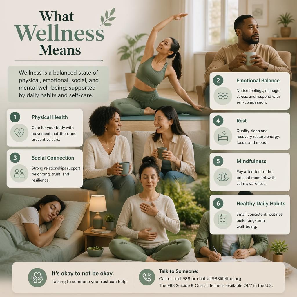 Editorial wellness meaning infographic with diverse adults, pastel layout, intro block, 6 numbered wellbeing cards, and help callout