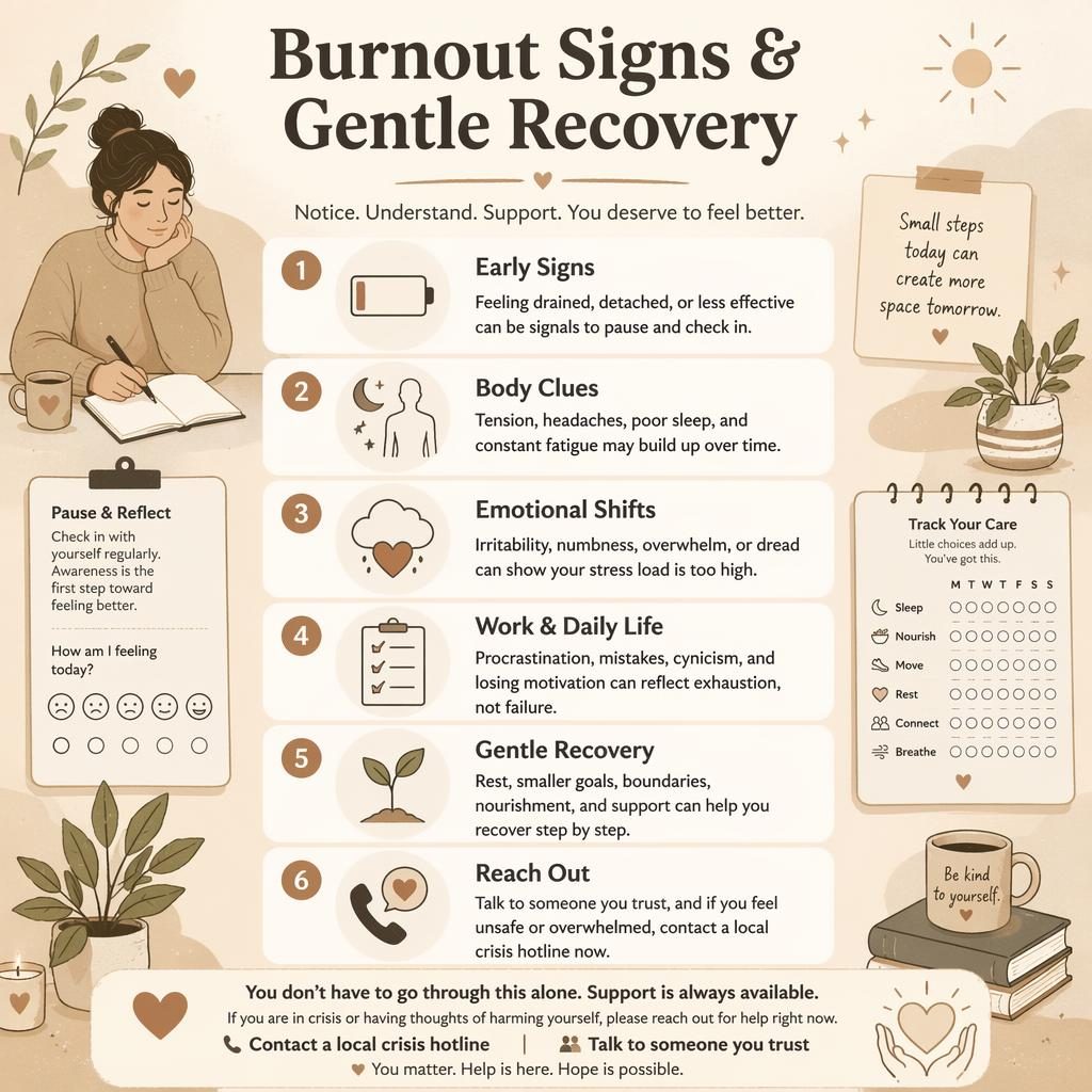 Editorial infographic with 6 vertical cards on burnout signs and gentle recovery, monochrome illustrations, icons, and crisis support callout.