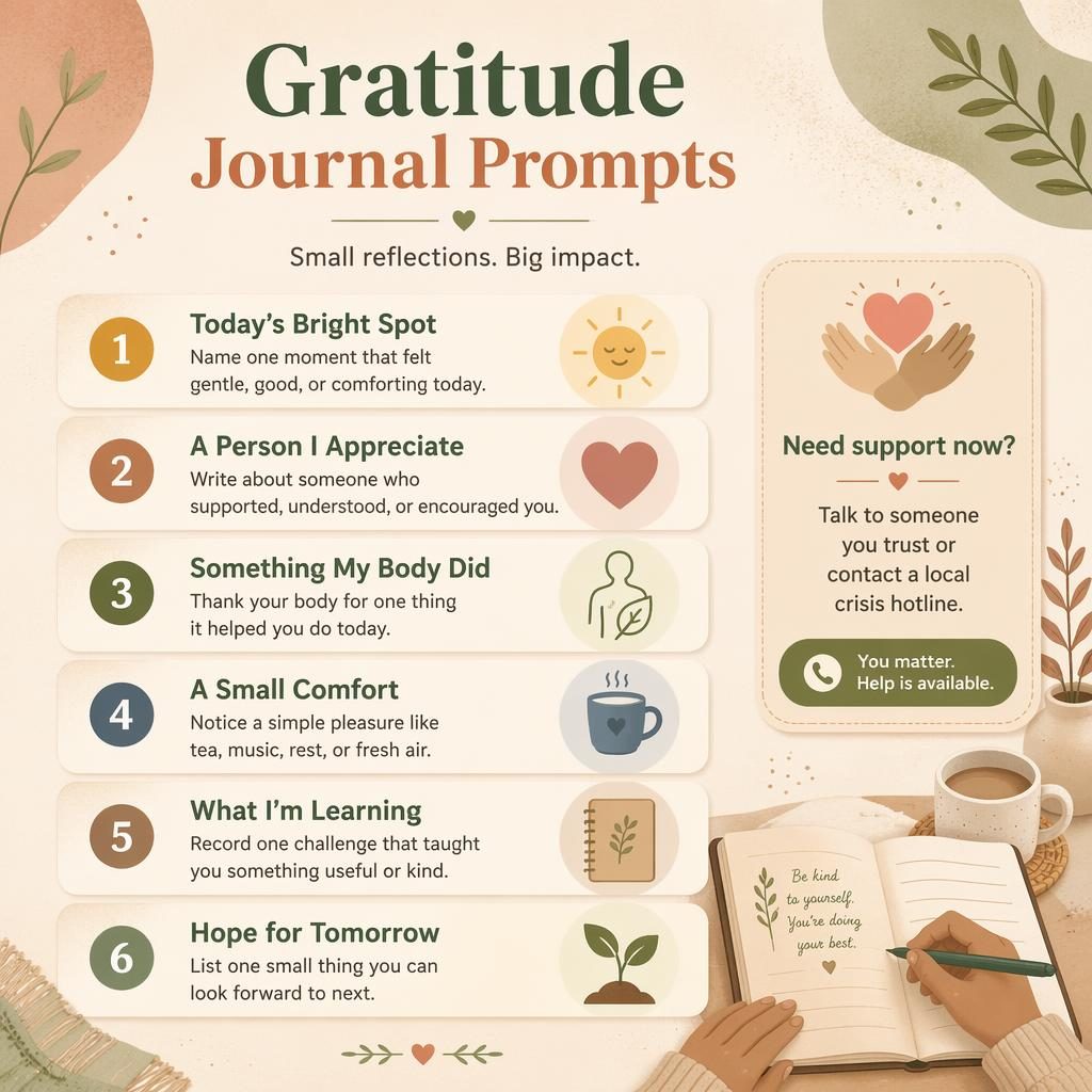 Vertical earth-tone infographic with 6 rounded prompt cards, small icons, journal motifs, and a support hotline callout.
