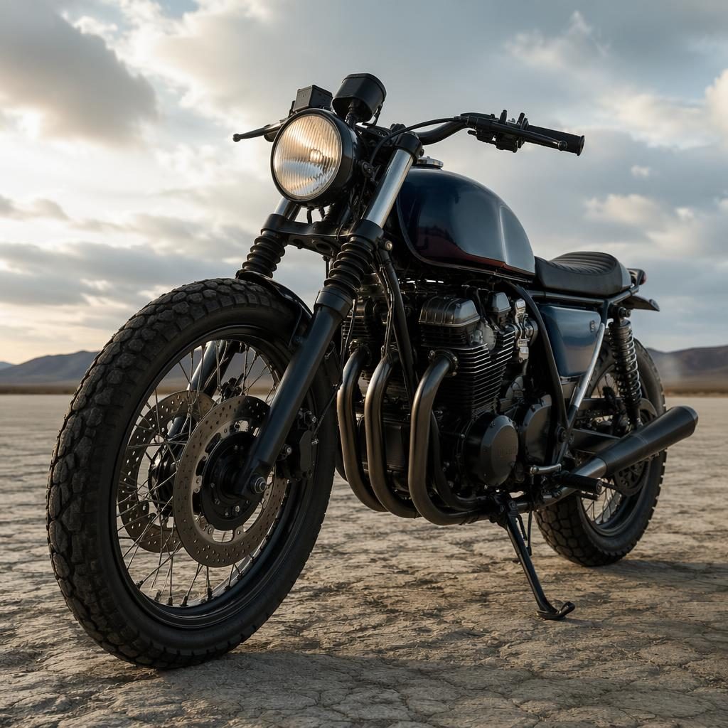 Retro tracker motocykl v tmavě modré barvě focený z nízkého úhlu na pouštní pláni, s filmovým světlem.