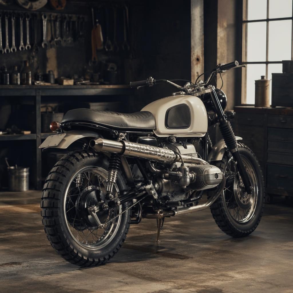 Ultra-realistic 1960s-style desert sled motorcycle with cream tank, shown from rear three-quarter view in a workshop garage