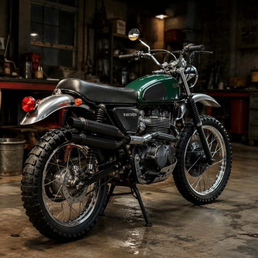 1980s enduro motorcycle, british racing green tank, three-quarter rear camera, workshop garage. Generic unbranded period