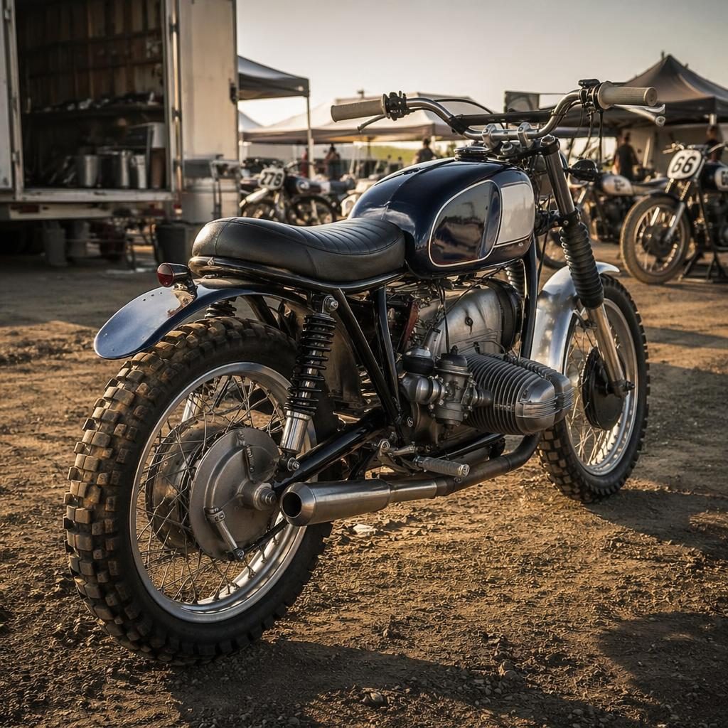 Tmavě modrý scrambler motocykl z 50. let, pohled zezadu z tříčtvrtě, v závodním paddocku, bez log a značek.