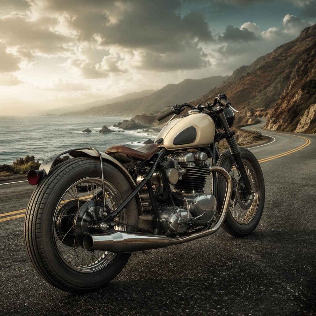 Ultra-realistic retro futurist bobber motorcycle with cream tank on a coastal highway, three-quarter rear view.