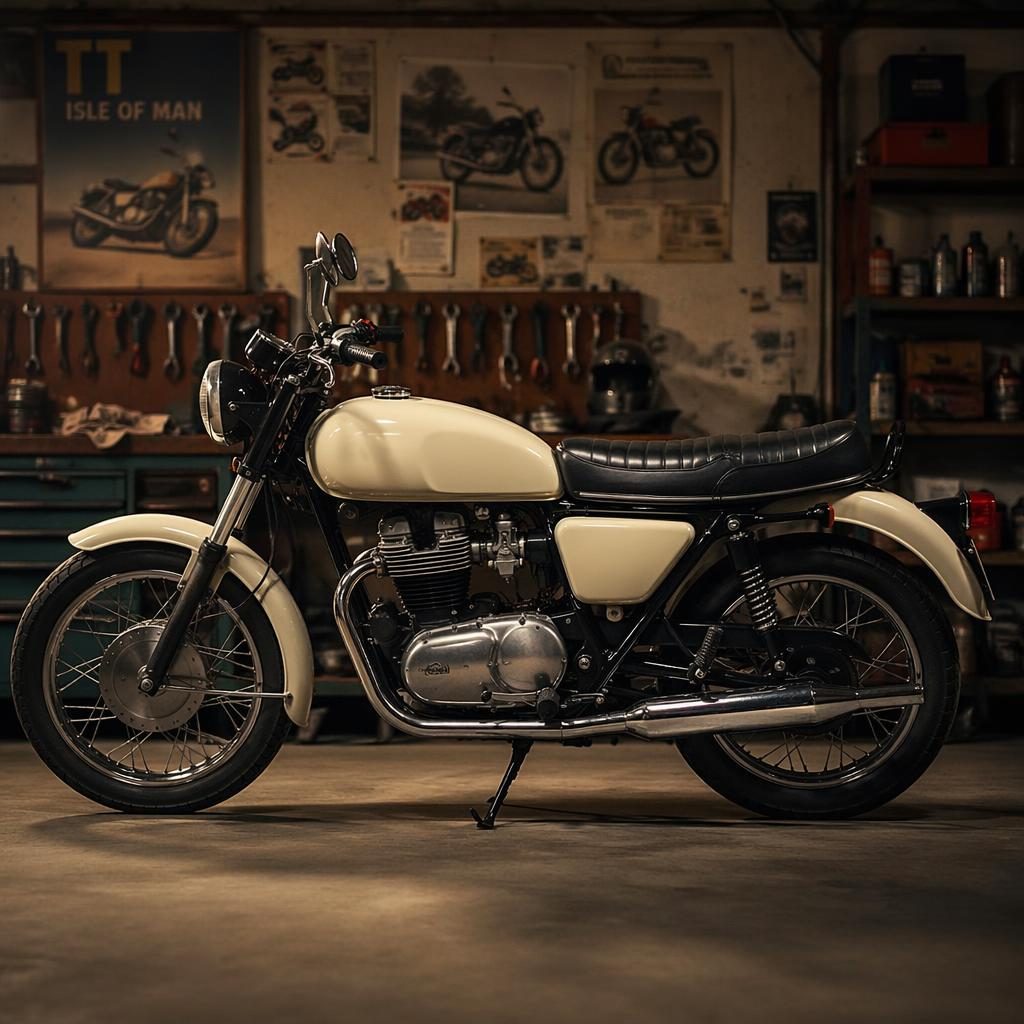 Moto classique crème des années 70 vue de profil dans un garage atelier, éclairage cinématographique, style poster vintage.