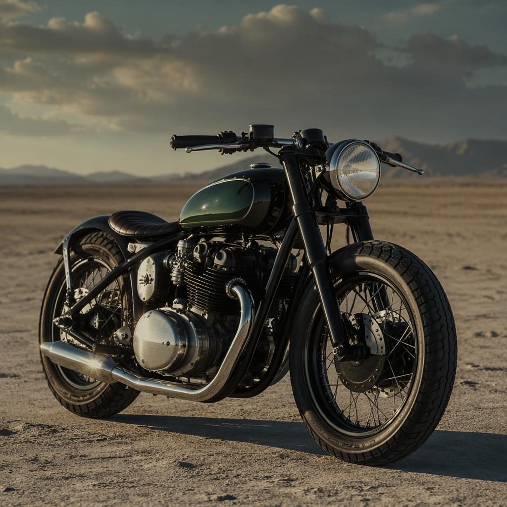 Retro futuristický bobber 40s v britské závodní zelené, tříčtvrteční pohled zepředu na pouštní pláni.