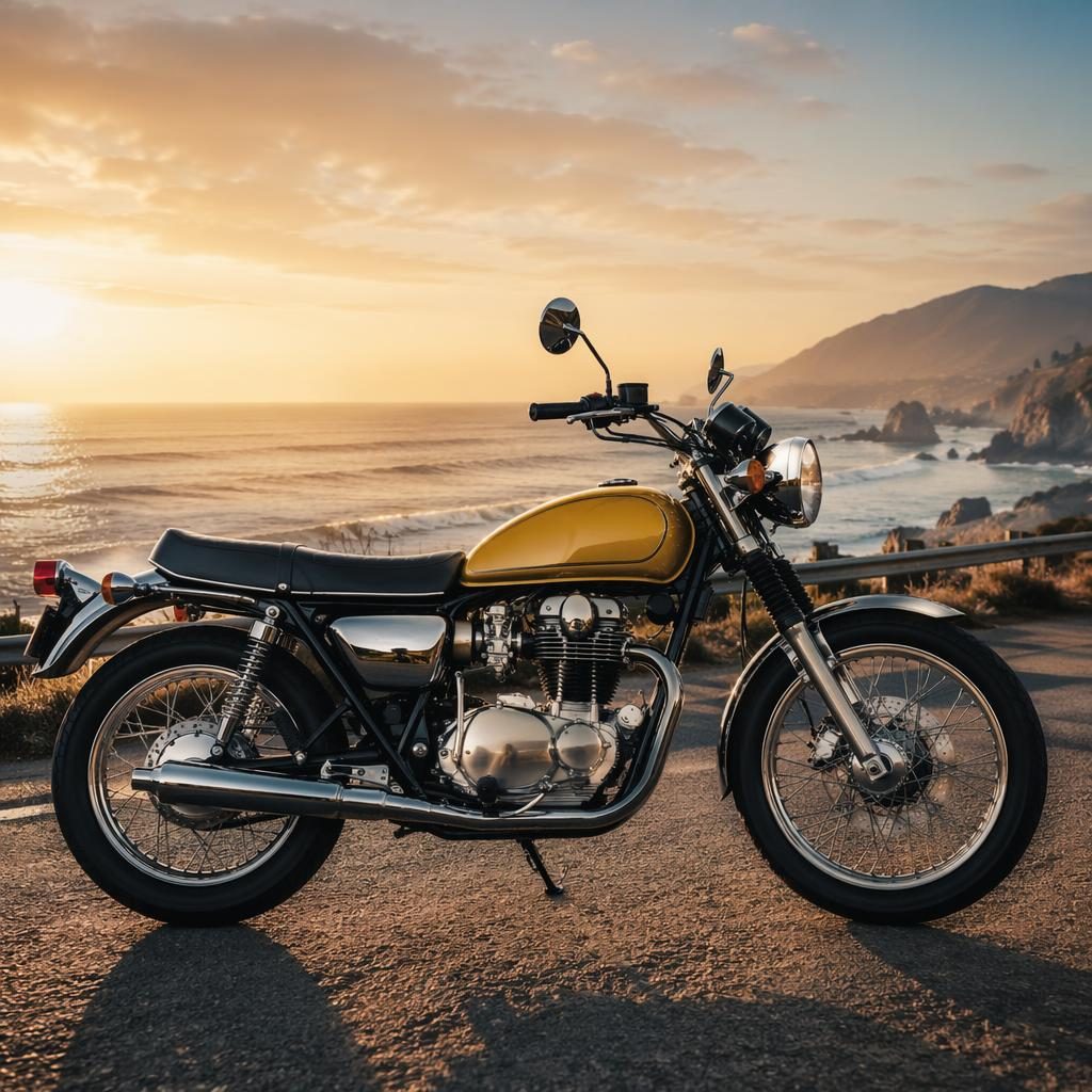 Žlutá klasická motorka z 90. let z boku na pobřežní silnici, chromované detaily a filmové světlo.