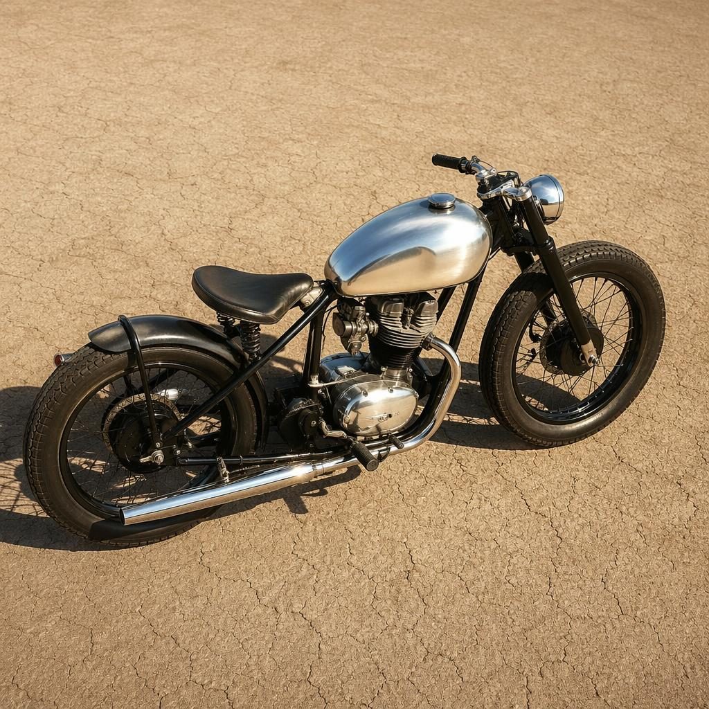 Stříbrný retro futuristický motocykl bobber 40. let focený shora na pouštní pláni, bez log a značek.