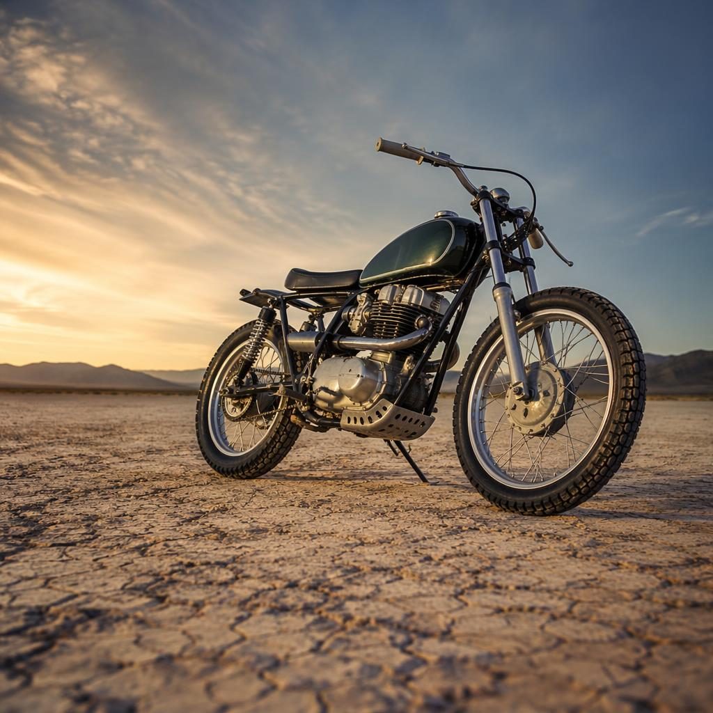Low-angle photo of a vintage-style green scrambler motorcycle on desert flats with cinematic lighting