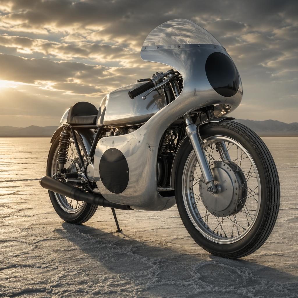 Ultra-realistic vintage scooter-style motorcycle with silver tank, three-quarter front view on desert flats.