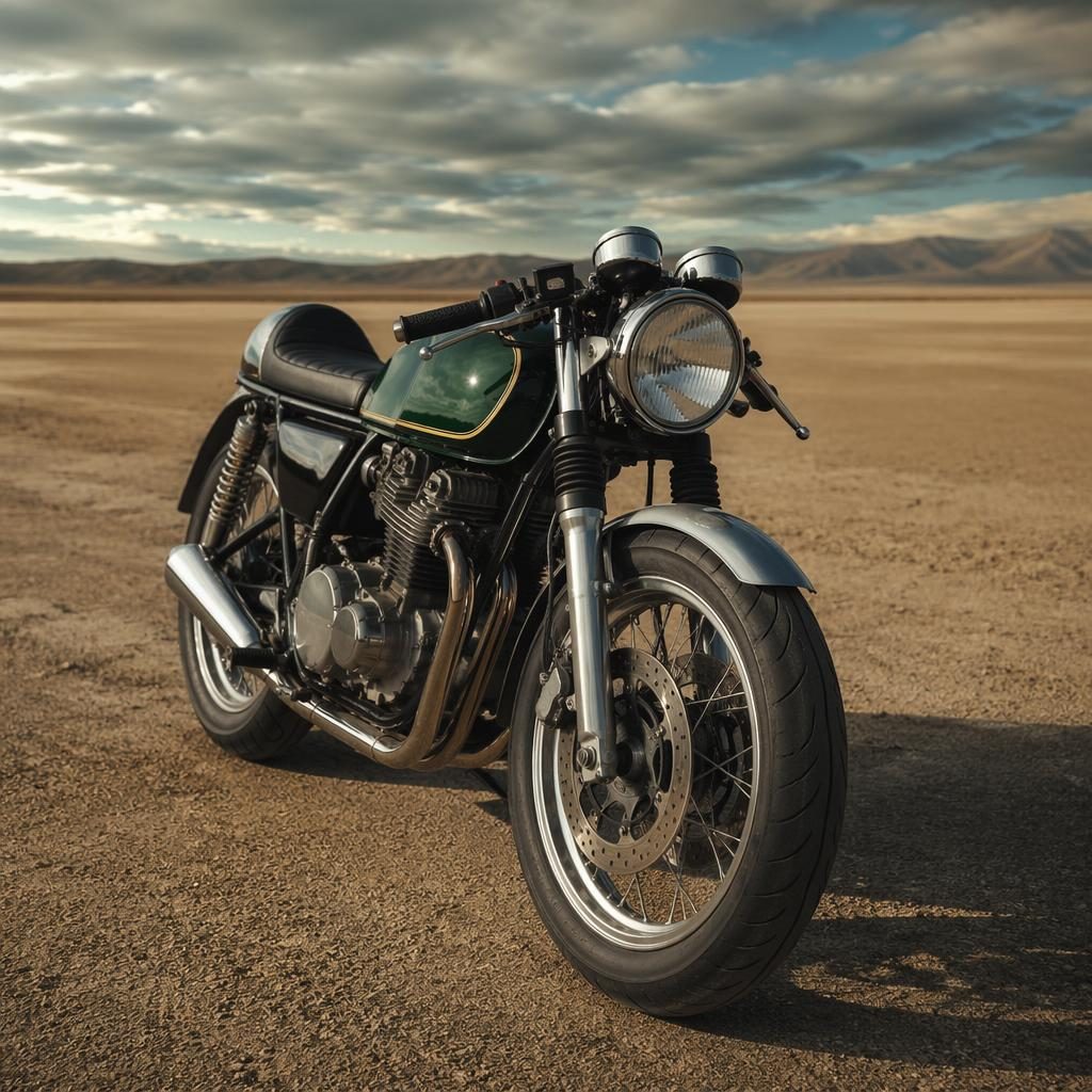 Ultra-realistic 1960s cafe racer motorcycle in british racing green on desert flats, three-quarter front view.
