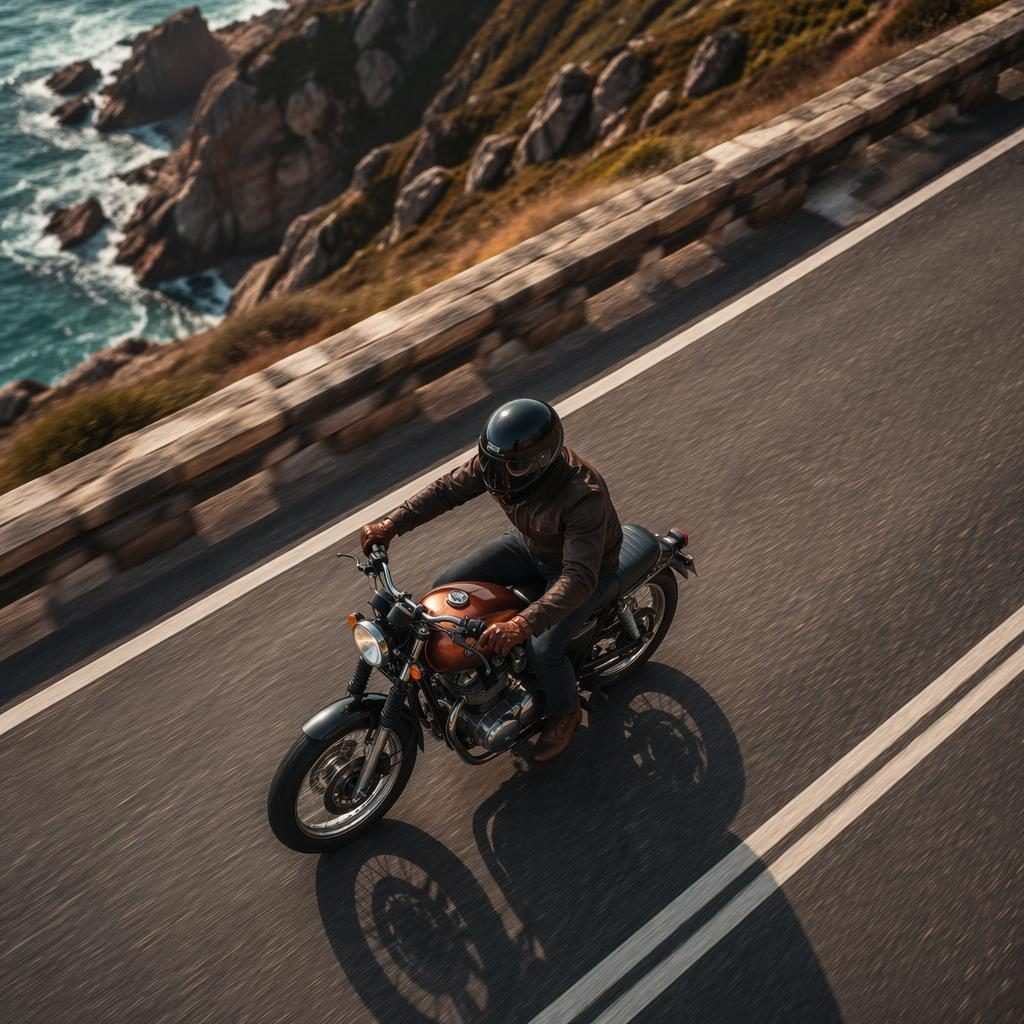 Overhead view of a vintage copper-tank motorcycle on a coastal highway with cinematic lighting and sharp reflections.
