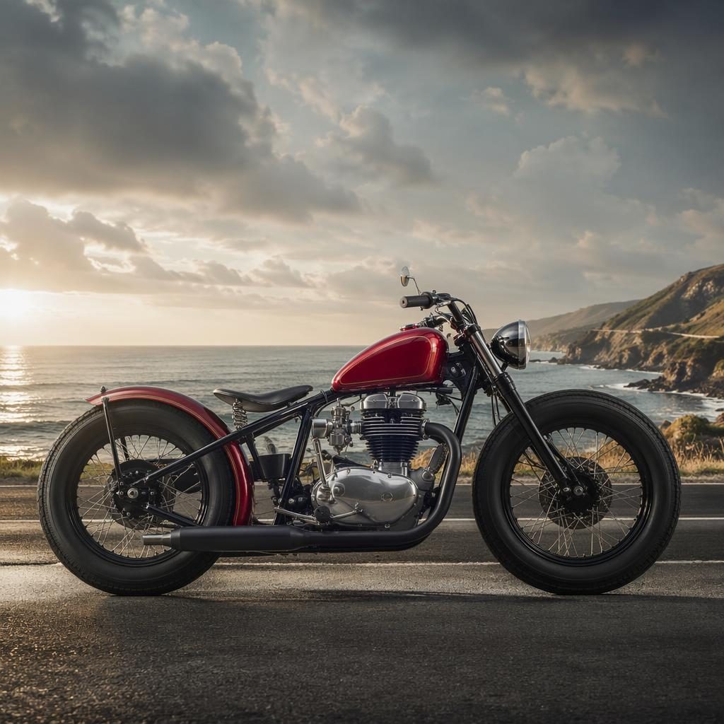 Side-profile vintage red enduro motorcycle on a coastal highway with cinematic lighting and sharp metal reflections