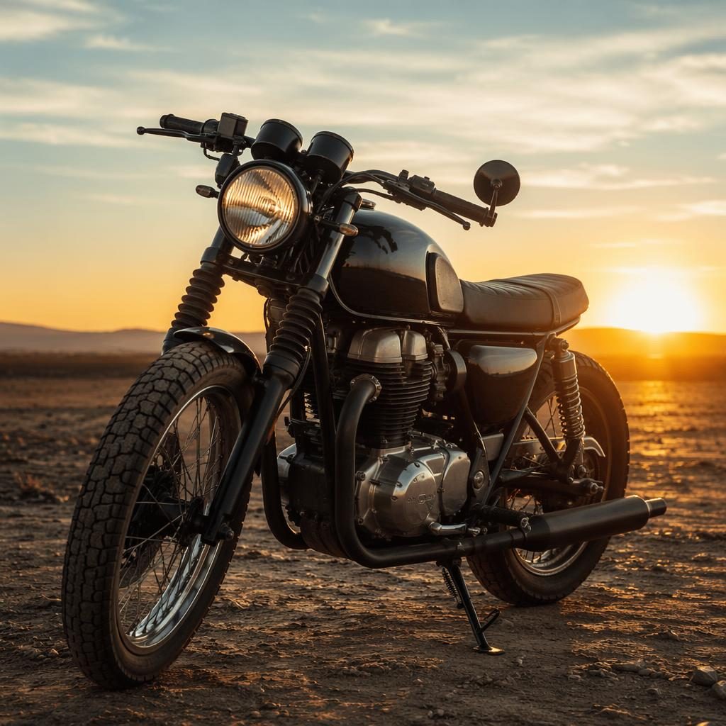 Černý motocykl ve stylu 70. let scrambler, focený z nízkého úhlu na pouštní pláni, s výraznými odlesky kovu.