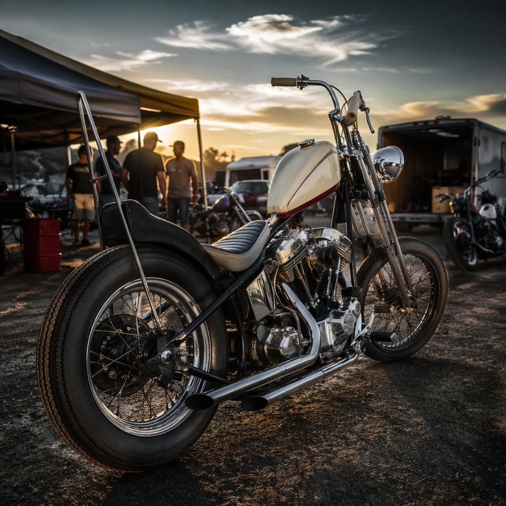 Ultra-realistic vintage chopper motorcycle with cream tank, rear three-quarter view in a race paddock