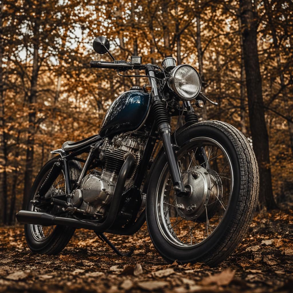 Midnight blue 1990s-style tracker motorcycle shot low in an autumn forest with cinematic lighting and sharp metal detail.