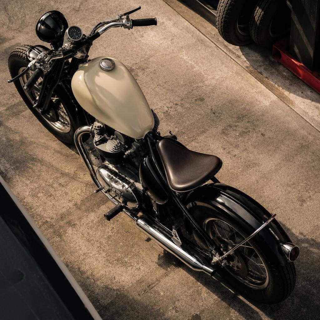 Overhead view of a cream 1950s-style Italian scooter in a race paddock with cinematic lighting and sharp metal reflections.