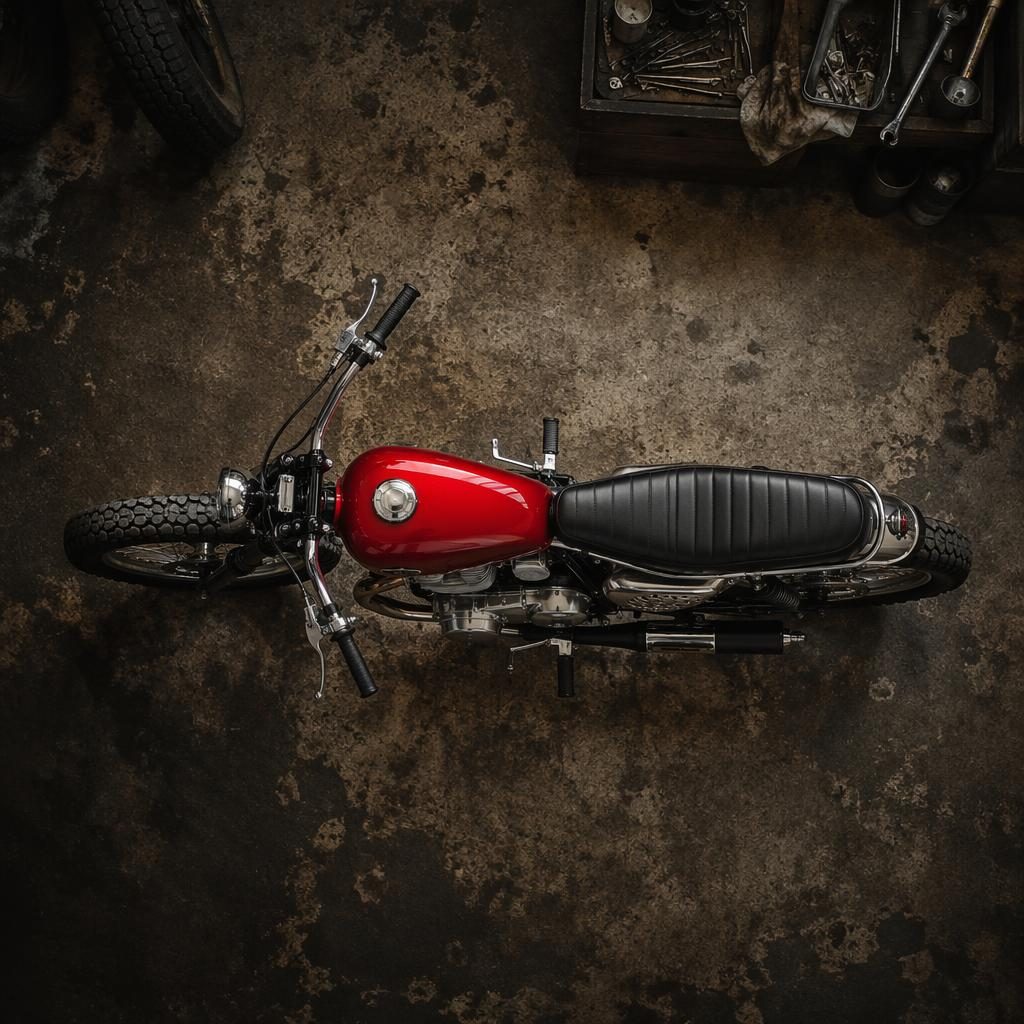 Overhead view of a red 1920s board track racer motorcycle in a workshop garage with cinematic poster lighting
