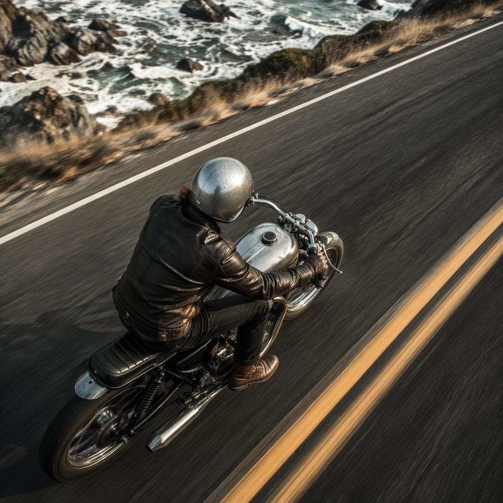 Overhead view of a silver 1920s board track racer motorcycle on a coastal highway with cinematic poster lighting