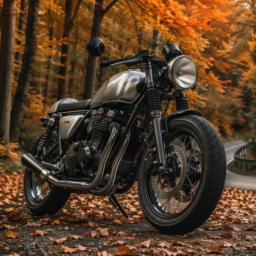 Low-angle ultra-realistic vintage cafe racer motorcycle with silver tank in an autumn forest, cinematic lighting