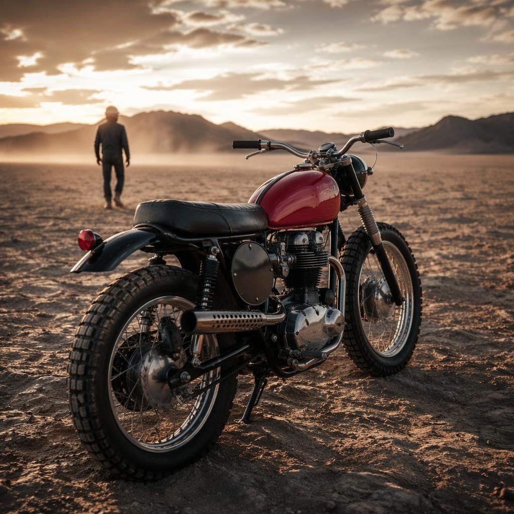 Červený vintage scrambler motocykl z tříčtvrtečního zadního pohledu na pouštní pláni, s lesklými kovovými detaily.