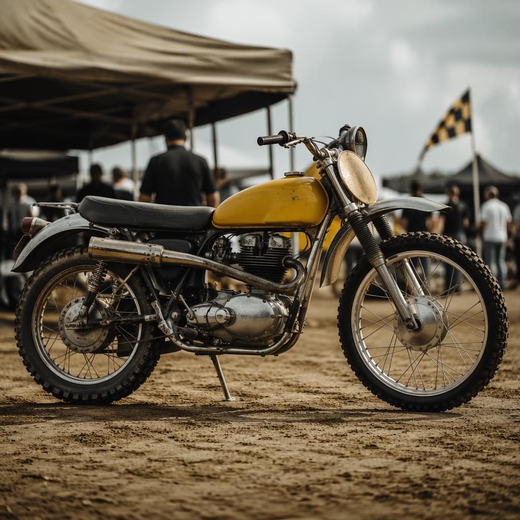Side profile of a 1950s speedway flat track motorcycle with mustard yellow tank in a race paddock
