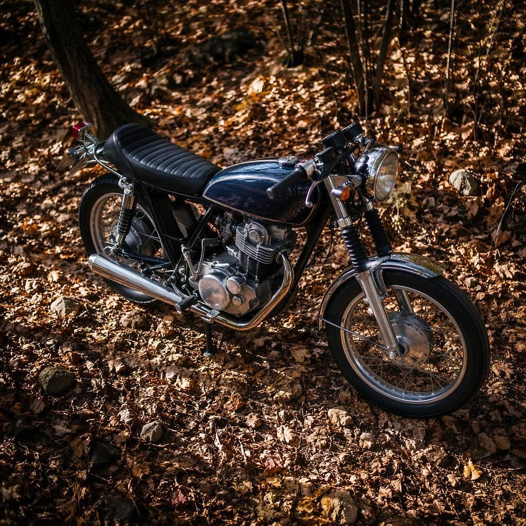 Vintage motocykl ve stylu 70. let, tmavě modrá nádrž, pohled shora, podzimní les a filmové nasvícení