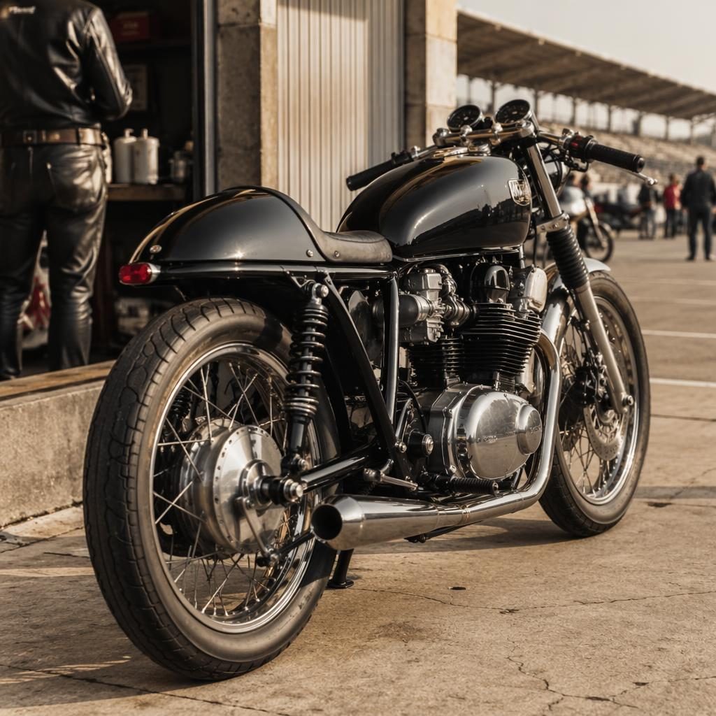 Vintage závodní motocykl ve stylu board track racer s černou nádrží, pohled zezadu ze tří čtvrtin v paddocku.