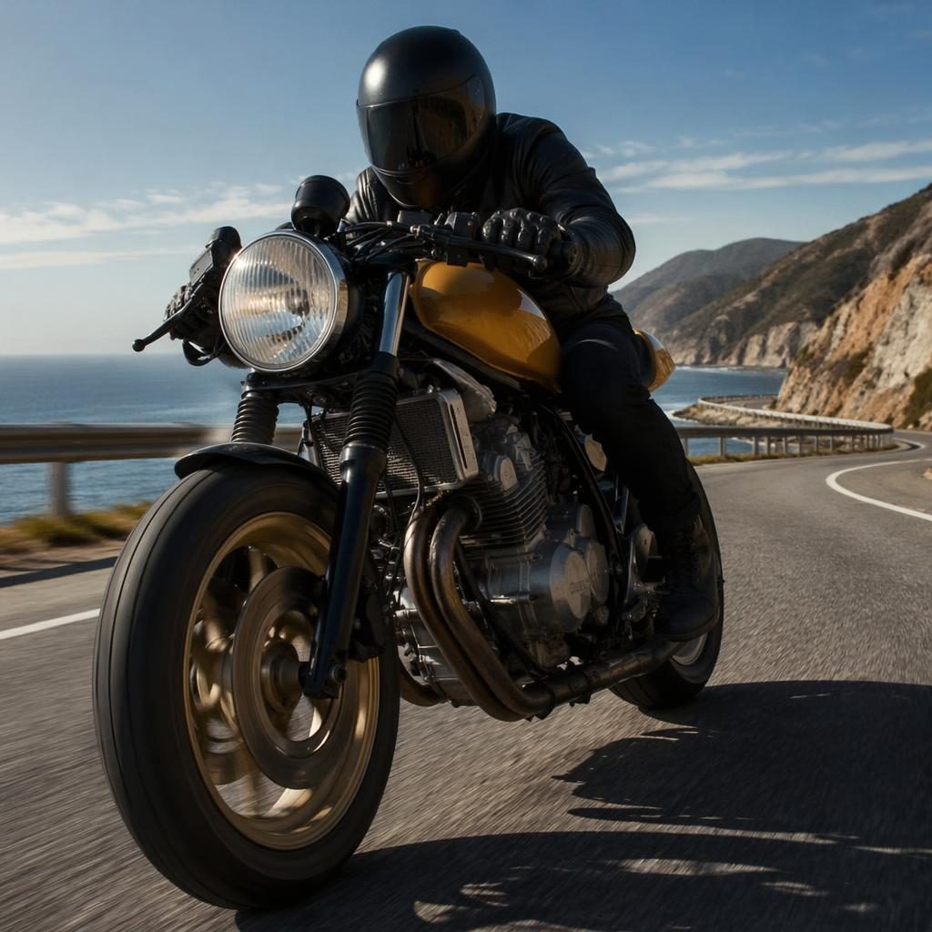 Žlutý tracker motocykl ve stylu 90. let z nízkého úhlu na pobřežní silnici, filmové světlo, bez log.