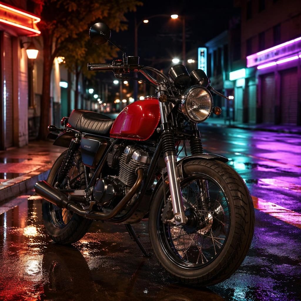 Červený retro skútr ve stylu 50. let z tříčtvrtečního předního pohledu v neonové městské ulici v noci.