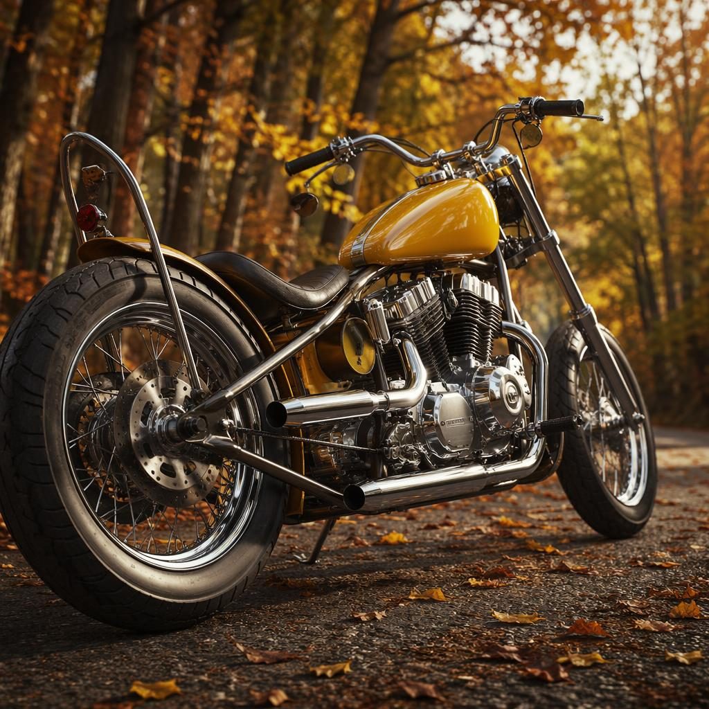 Ultra-realistic vintage board track racer motorcycle in mustard yellow, rear three-quarter view in an autumn forest