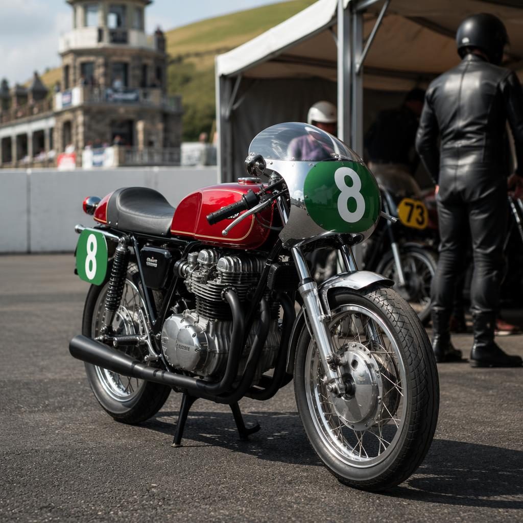 Red vintage-style standard motorcycle, three-quarter front view in a race paddock with cinematic lighting