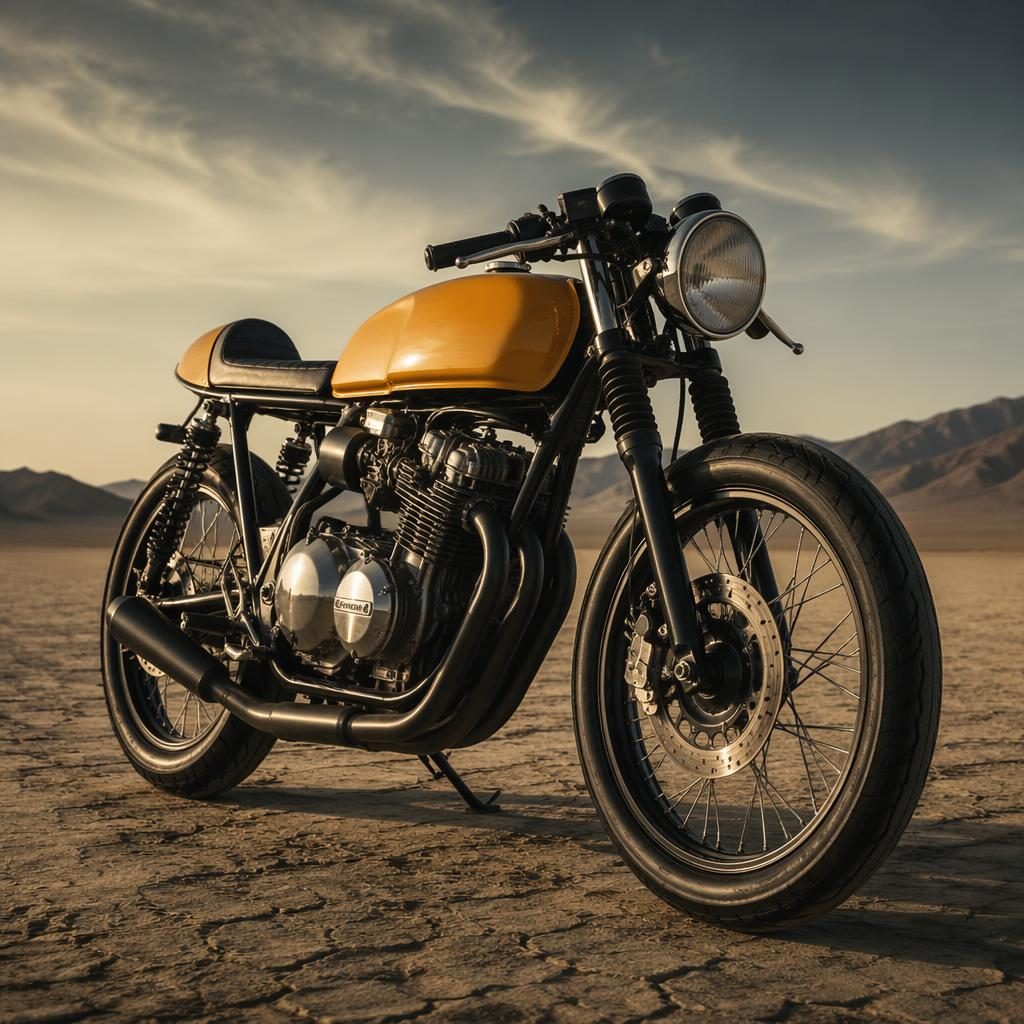 Klasický motocykl ve stylu 70. let s hořčicově žlutou nádrží na pouštní pláni, focený z nízkého předního úhlu.