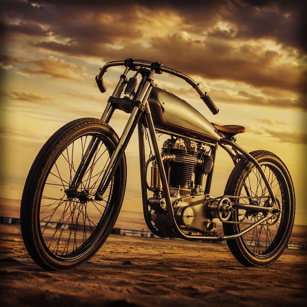 Low-angle view of a silver vintage board track racer motorcycle on desert flats with cinematic lighting