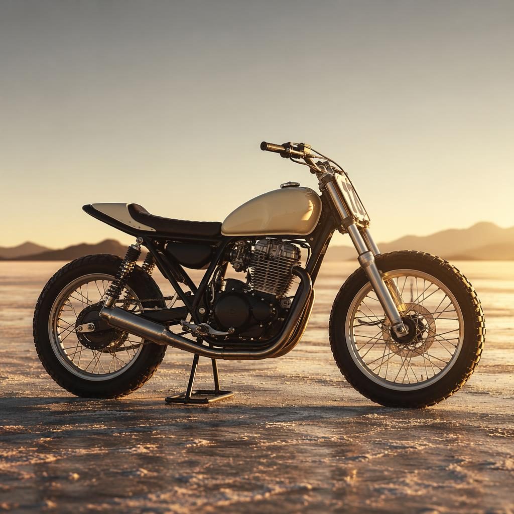 Krémový scrambler ve stylu 80. let, boční profil, pouštní pláň, filmové světlo a realistické kovové odlesky.