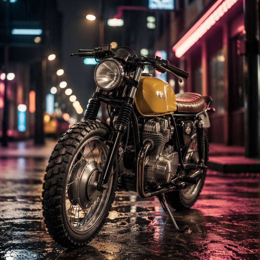 Vintage scrambler motocykl ve stylu 50. let se žlutou nádrží na neonové městské ulici, foceno z nízkého úhlu